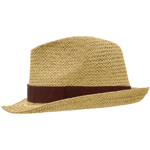 A straw hat in natural tones with a brown band, featuring a classic fedora style. It has a logo on the side.