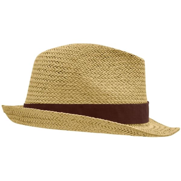 A straw hat in natural colour with a brown band, featuring a stylish, structured design.