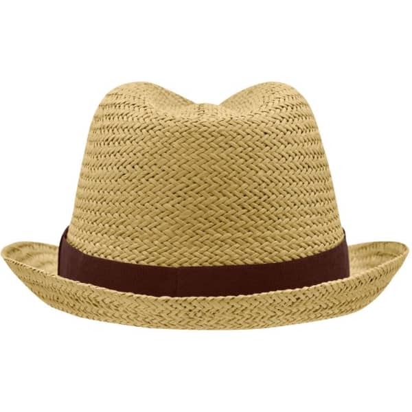 A straw hat in natural tones with a brown band, featuring a stylish fedora shape. Ideal for warm weather wear.