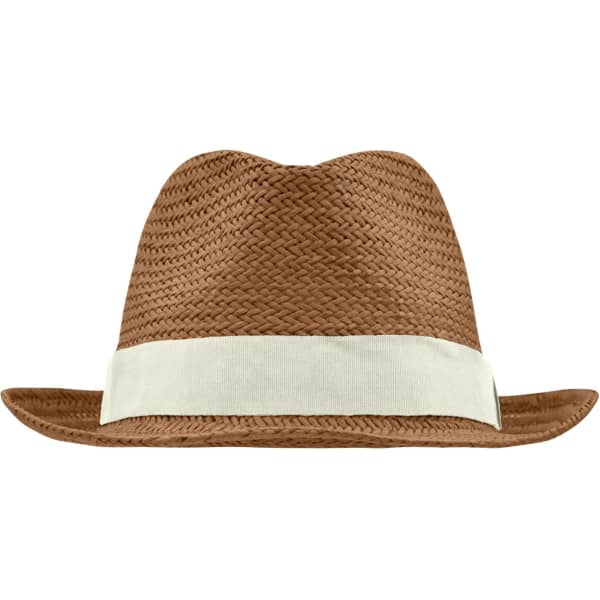 A brown straw hat with a cream band, featuring a wide brim and a woven design. It has a logo on the side.