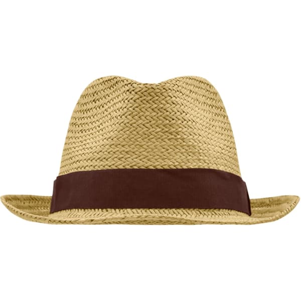 A straw hat in a natural colour with a wide brown band around the base. It features a classic fedora shape.