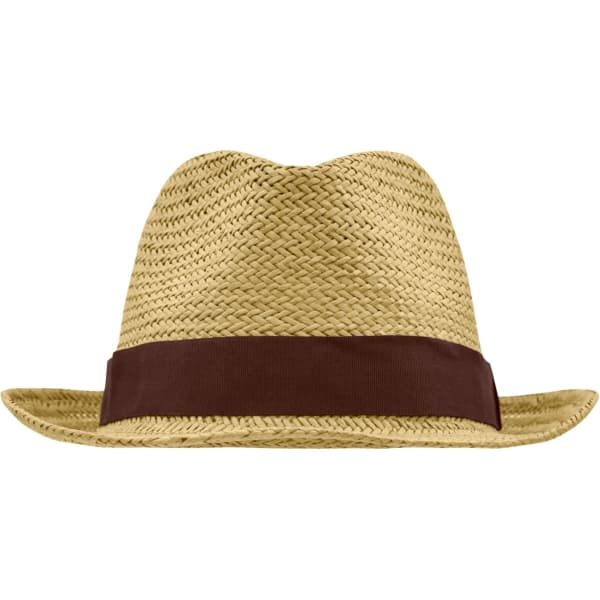 A straw hat in natural tones, featuring a brown band around the base, with a wide-brimmed design.