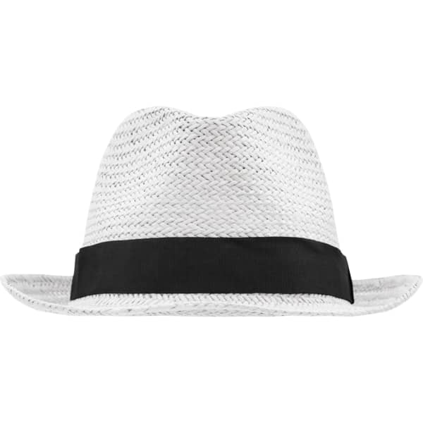 A white straw hat with a black band, featuring a classic fedora shape. It has a woven design and wide brim.