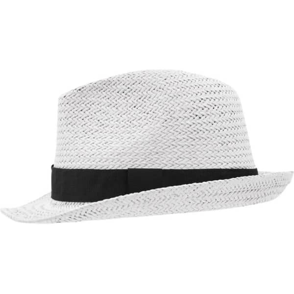 A white straw hat with a black band, featuring a classic shape and woven texture.