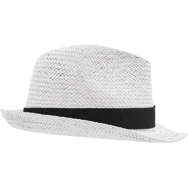 A white straw hat with a black band, featuring a classic fedora design.