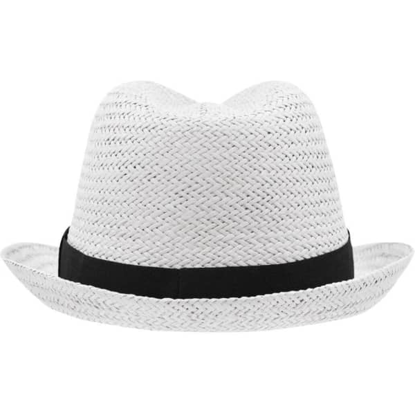 A white straw hat with a black band, featuring a wide brim and textured weave.