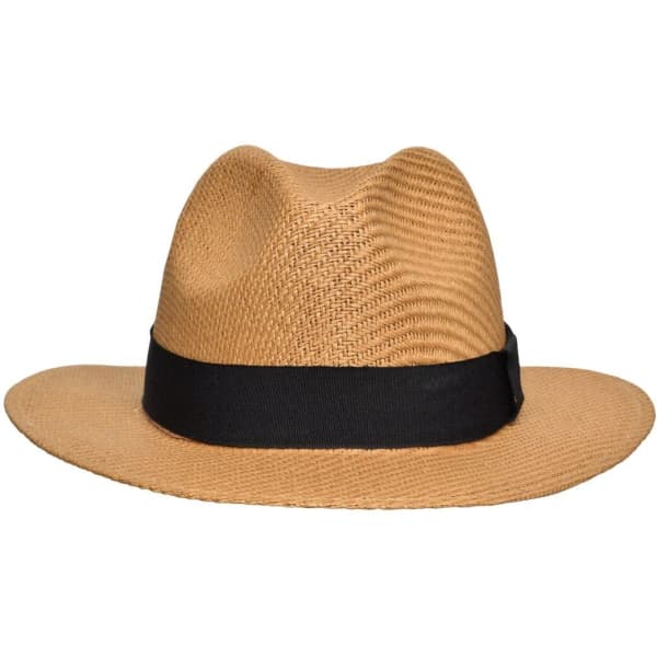 A tan straw hat with a black band, featuring a structured wide brim and a classic fedora style.