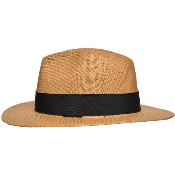 A tan straw hat with a black band, featuring a wide brim and a structured design.