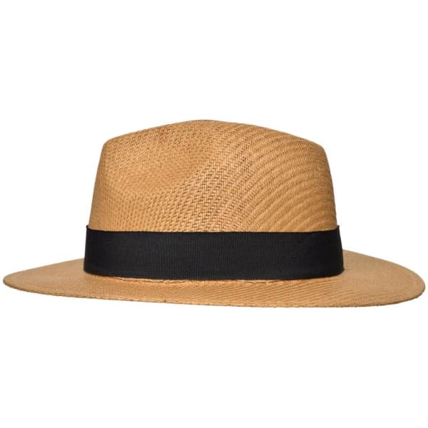 A straw hat in a natural tan colour with a wide black ribbon band. Features a logo on the side.