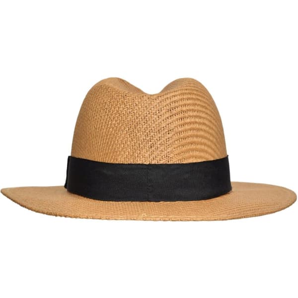 A tan straw Traveller Hat with a black band, featuring a classic wide brim design.