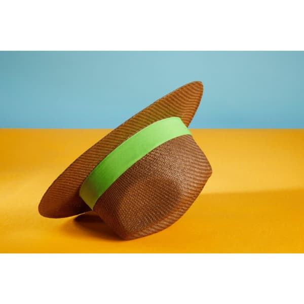A brown Traveller Hat with a green band, featuring a wide brim, displayed against a blue and orange background.