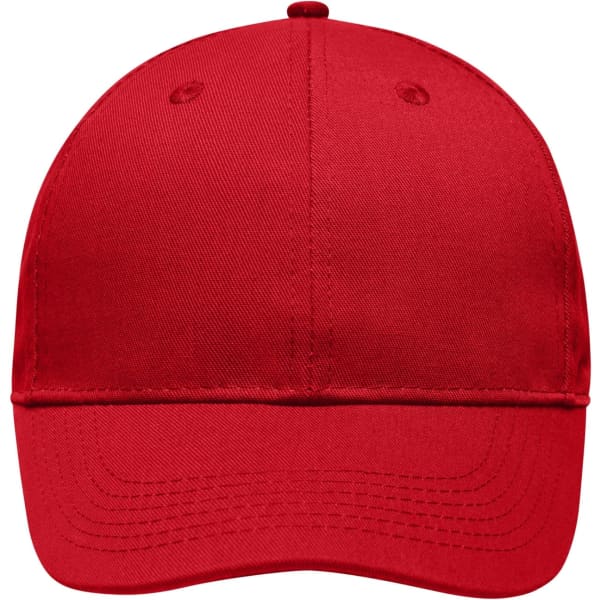 A red 6-panel workwear cap with a structured front and a logo on the front.