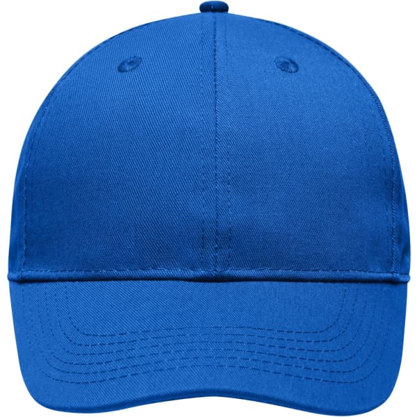 A blue 6 panel workwear cap featuring a solid design and a small logo on the front.