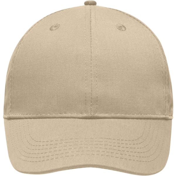 A beige 6 panel workwear cap with a solid design and a small logo on the front.