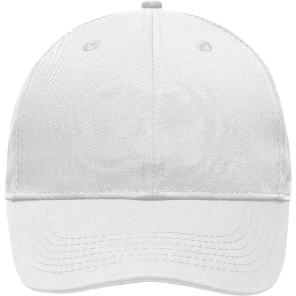 A white six-panel workwear cap featuring a structured design and a logo on the front.