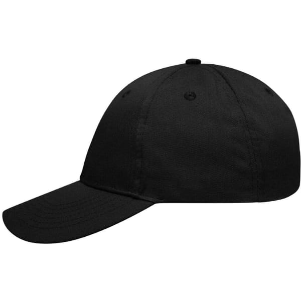 A black 6 panel workwear cap featuring a curved peak and an adjustable strap at the back. It includes a logo.