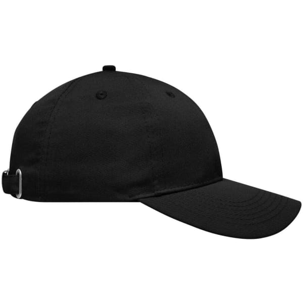 A black 6 panel workwear cap with a curved brim and an adjustable strap at the back, featuring a logo.