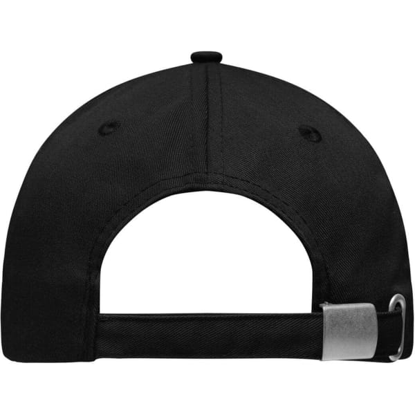 A black 6 panel workwear cap featuring an adjustable strap and a logo on the back.