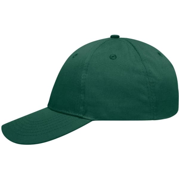 A dark green six-panel cap with a curved brim and a logo on the front.