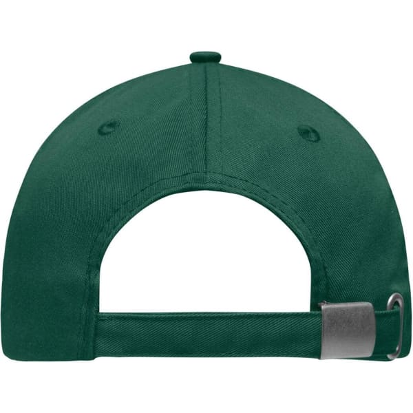 A green 6 panel workwear cap with a rear strap and an adjustable buckle. It features a logo on the side.