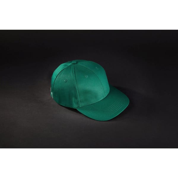 A green 6 panel workwear cap with a curved brim and a logo on one side.