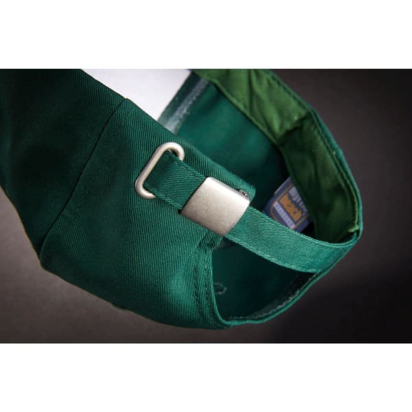A green 6 panel workwear cap featuring a metal adjustable strap and a brand logo inside.
