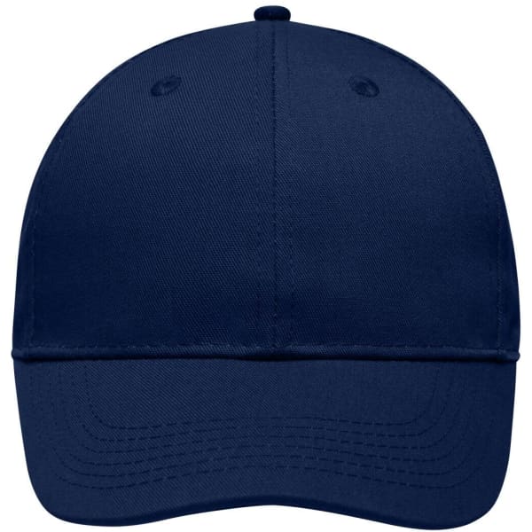 A navy blue six-panel workwear cap with a curved brim and ventilation eyelets, featuring a logo on the front.