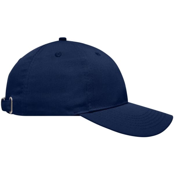 A navy 6-panel workwear cap with a curved peak and an adjustable strap at the back. Features a branding logo.