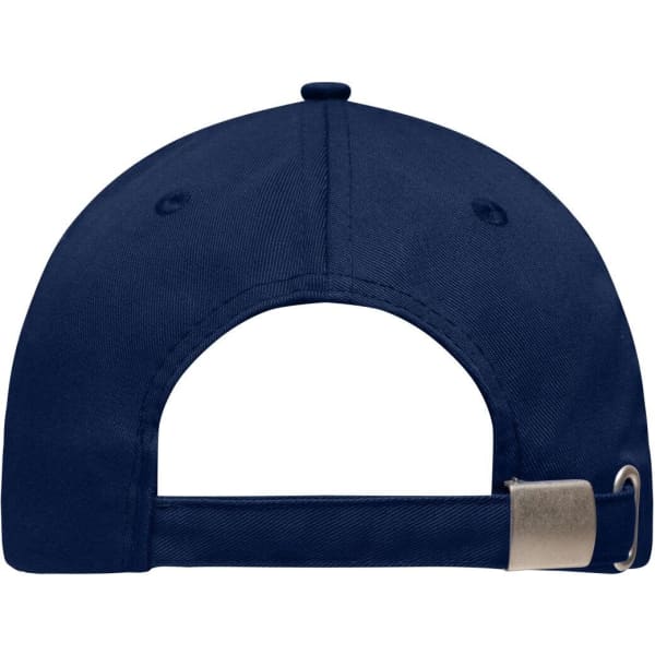 A navy blue 6 panel workwear cap featuring a buckle closure at the back and a branded logo.