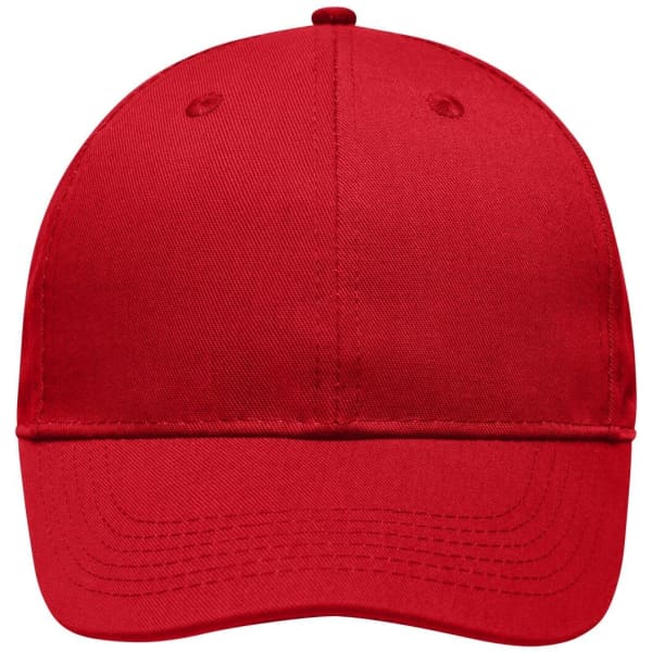 A red six-panel workwear cap with a curved brim and a logo on the front.