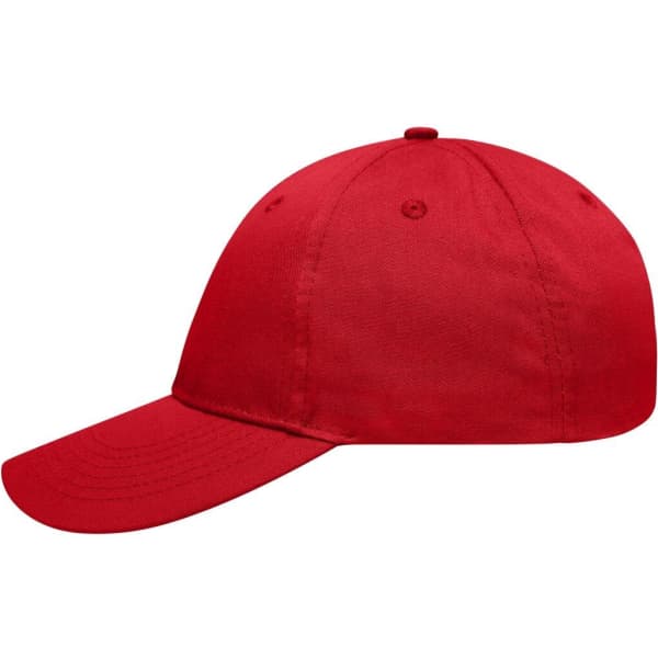 A red six-panel workwear cap featuring an adjustable strap and a simple design. It includes a logo on the front.