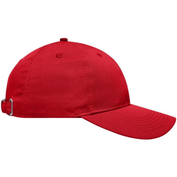 A red 6-panel workwear cap featuring a curved brim and an adjustable strap at the back, with a logo on the side.