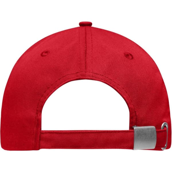 A red 6 panel workwear cap featuring a metal adjustable strap at the back and a logo detail.