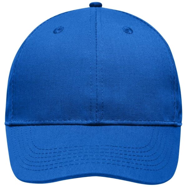 A blue 6 panel workwear cap with a curved brim and a logo on the front.