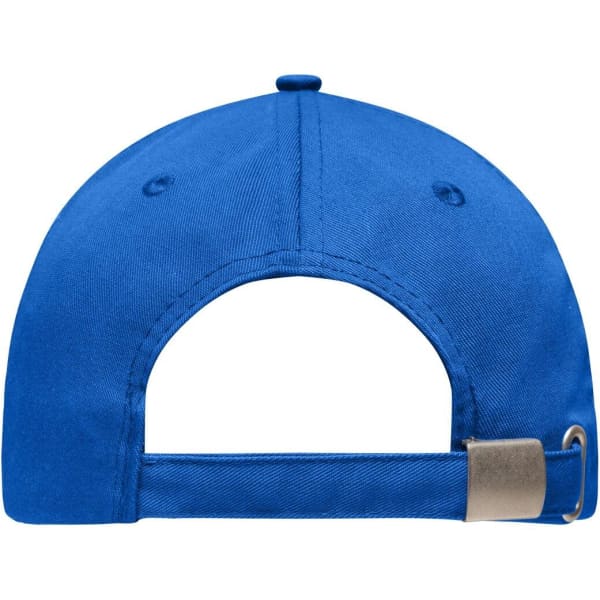 A blue 6 panel workwear cap with a metal adjuster on the back and a logo on the side.