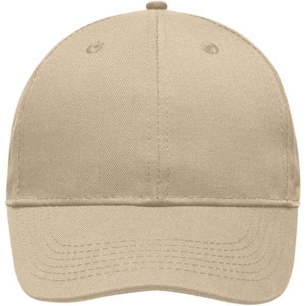 A beige 6-panel workwear cap with a rounded brim and a logo on the front.