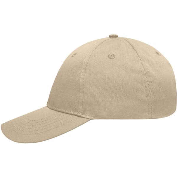 A beige 6 panel workwear cap with a curved brim and a logo on the front. Suitable for outdoor activities.