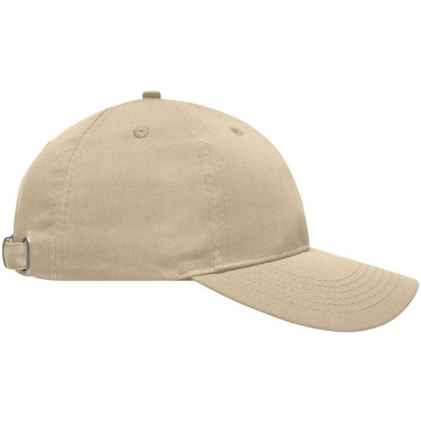 A beige six-panel workwear cap with a curved brim and an adjustable strap at the back.