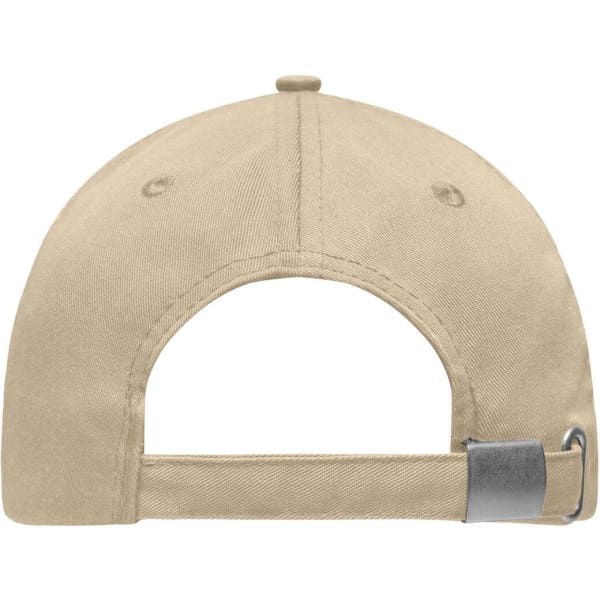 A beige 6 panel workwear cap with a curved brim and an adjustable strap at the back, featuring a logo.