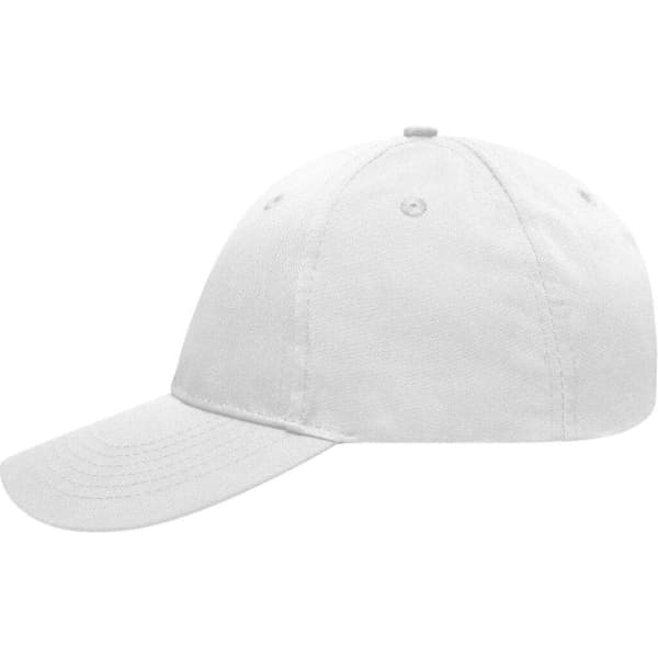 A white 6 panel workwear cap with a curved brim and a logo on the front.