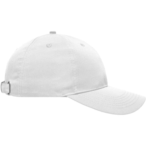 A white 6-panel workwear cap featuring a buckle adjustment and a logo on the front.