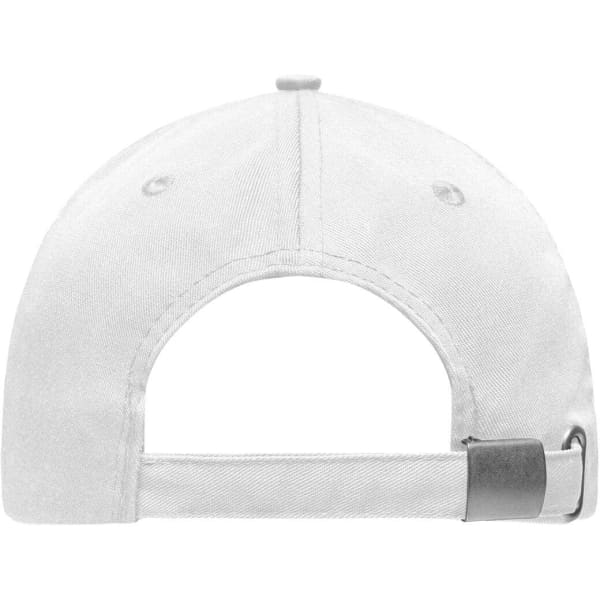 A white 6 panel workwear cap featuring a rear adjustable strap and a logo.