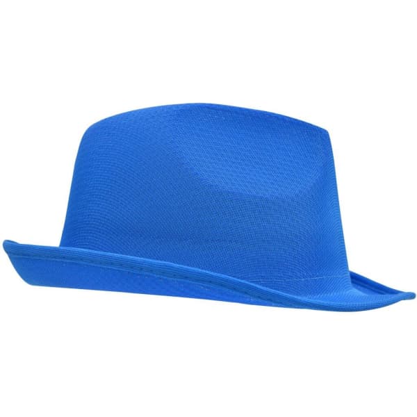 A blue promotional hat with a structured design and a wide brim, featuring a logo.