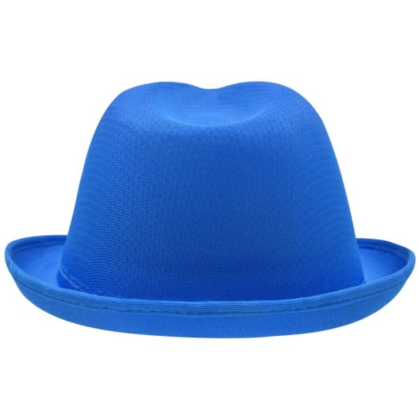 A blue promotional hat with a structured design and a wide brim. It features a logo on the side.
