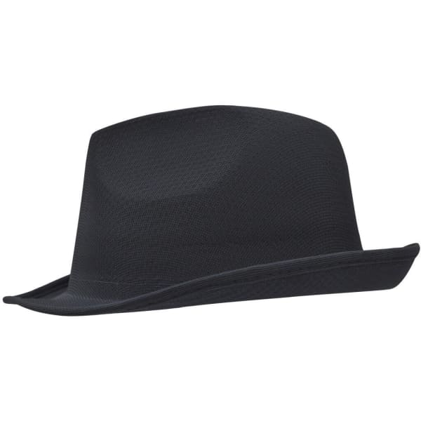 A black fedora hat with a wide brim and smooth finish, featuring a subtle logo detail.