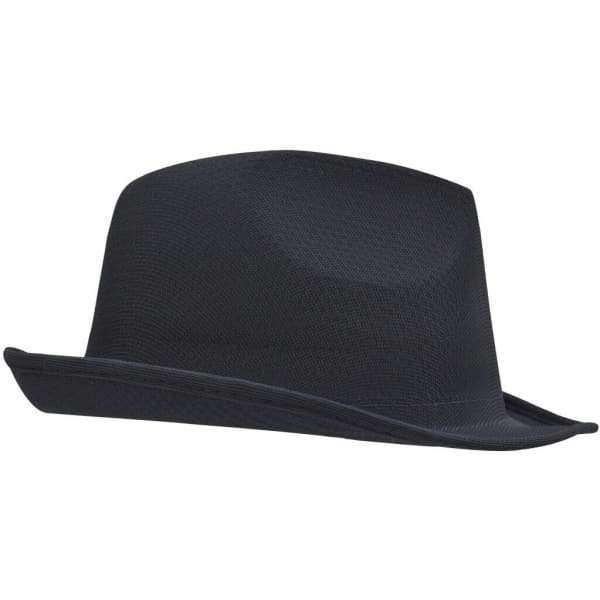 A black fedora hat with a rounded crown and a wide brim, featuring a logo.