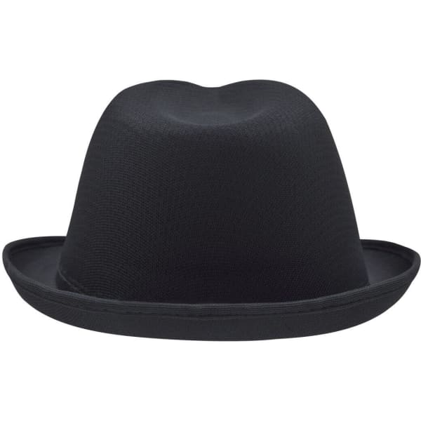 A black fedora-style hat with a wide brim and a smooth finish, featuring a logo on the band.