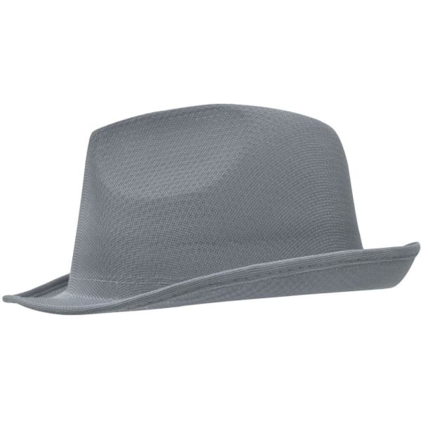 A grey fedora hat featuring a wide brim and a structured crown, with a simple logo on the side.
