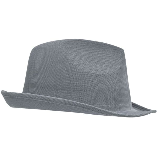 A grey promotional hat with a structured design and a wide brim, featuring a logo on the side.