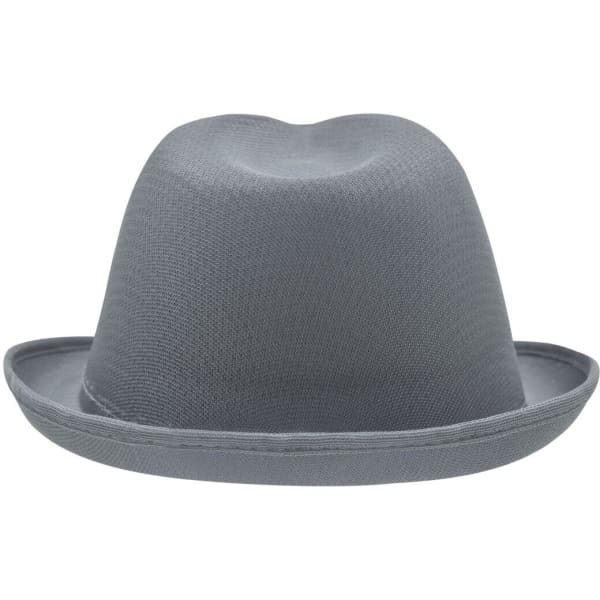 A grey promotional hat with a rounded top and a wide brim, featuring a logo on the side.